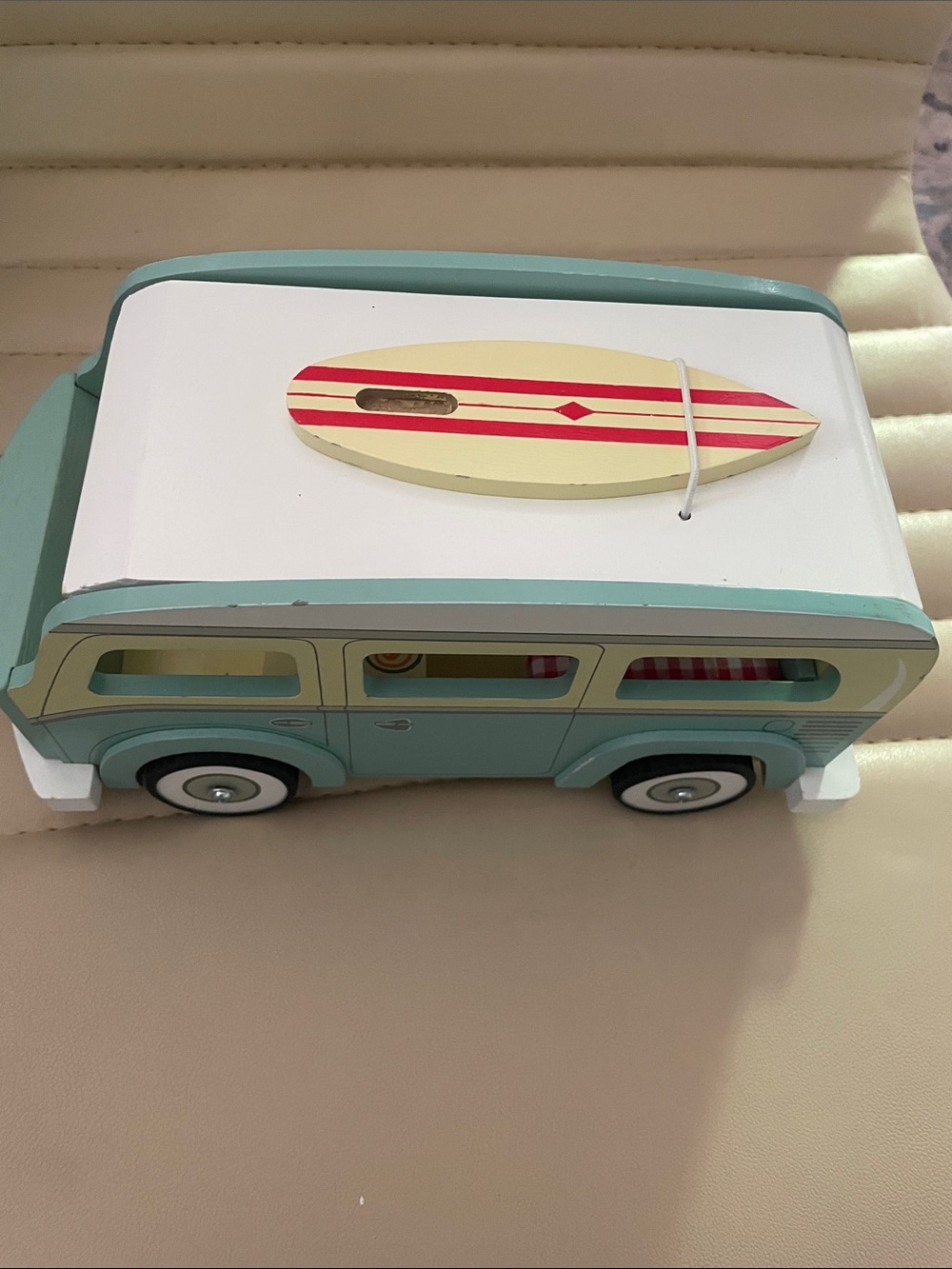 Wooden Retro Camper Van Toy in Mint and Cream with Surfboard - Picture 5 of 8